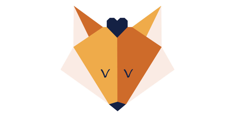 Grafisches Logo in Form eines geometrischen Fuchskopfes in Orange, Gelb und hellem Rosa mit einem dunkelblauen Herz zwischen den Ohren.