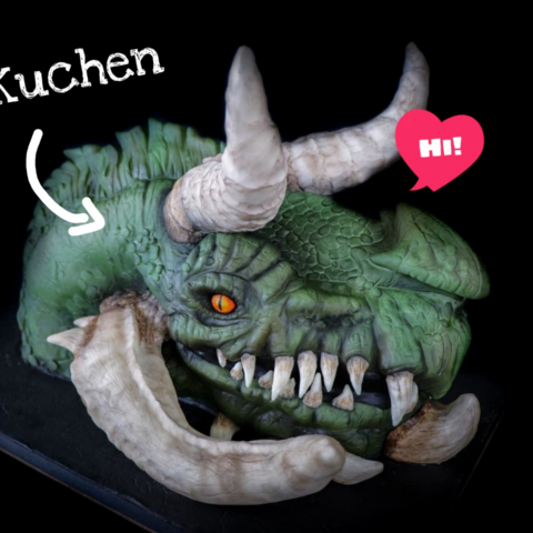 Detaillierte Hochzeitstorte in Form eines Drachenkopfs mit Hörnern – kreative 3D-Motivtorte für Fantasy-Hochzeiten oder Nerd Wedding Themes.