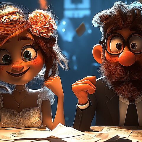 Paar bei Hochzeitsplanung für ihre unkonventionelle Hochzeit im Comic Style